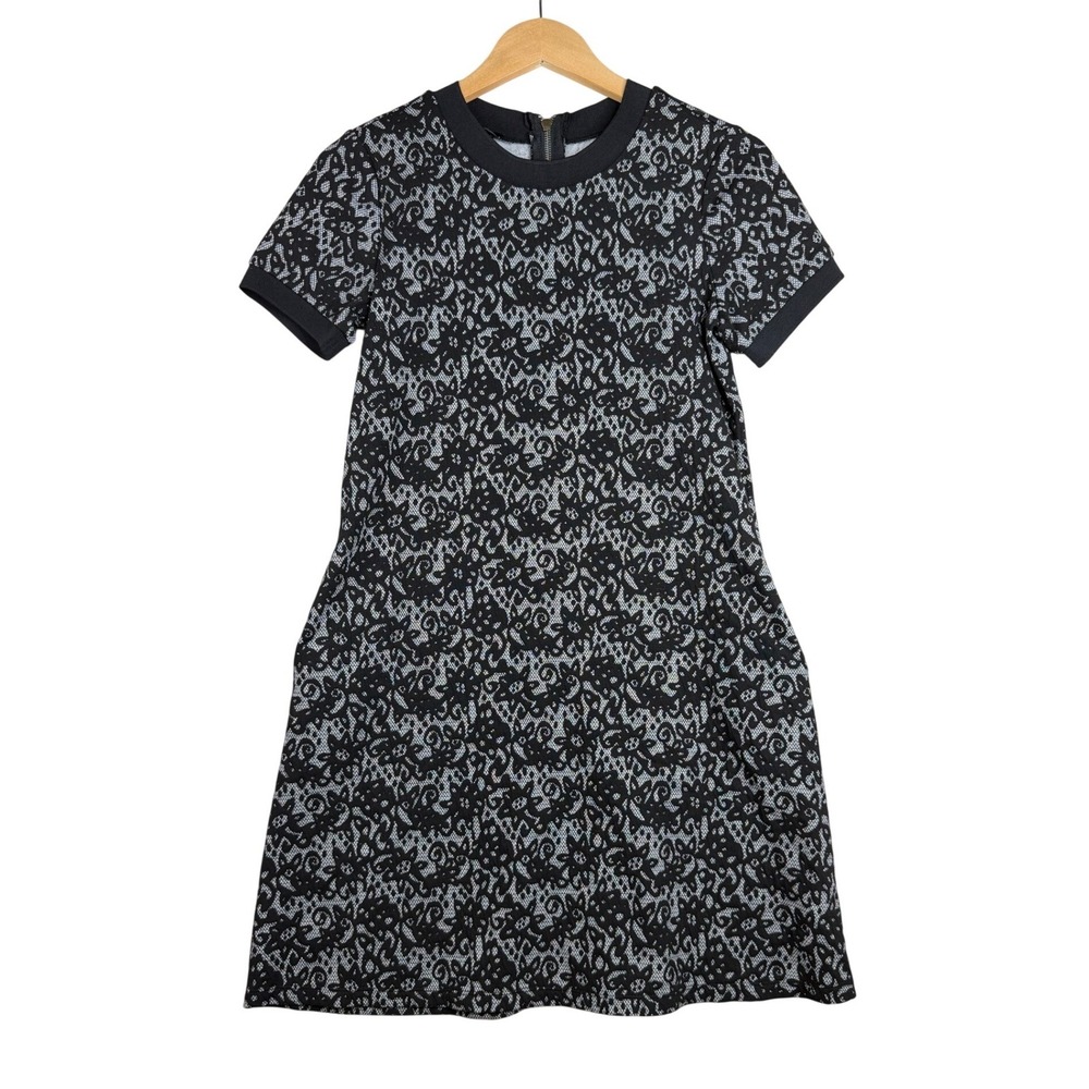 AB Studio Floral Lace Patterned Short Sleeve Shift Dress size Small Black/Silver